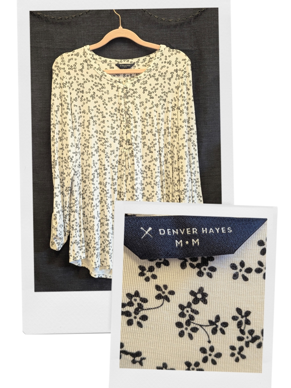 Denver Hayes Floral Long Sleeve Soft Top Cream & Black Medium Like New